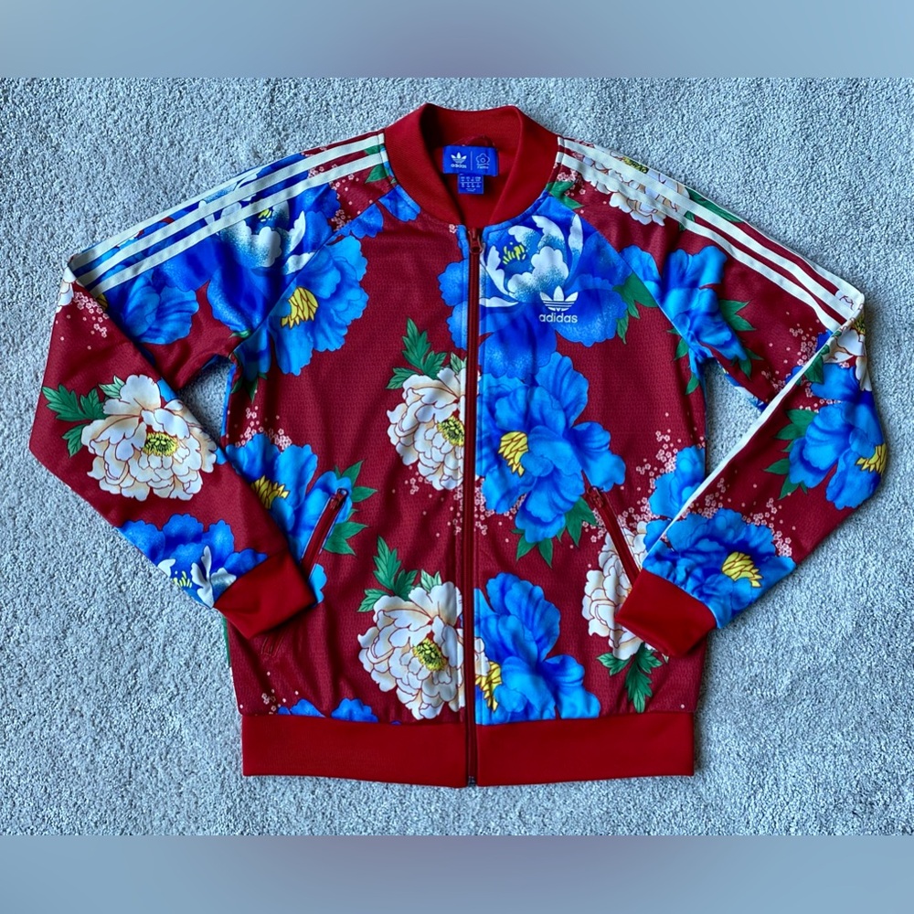 ADIDAS The Farm Track Jacket, SM, Red & Blue Rio Chita Floral, Zip Pockets, EUC